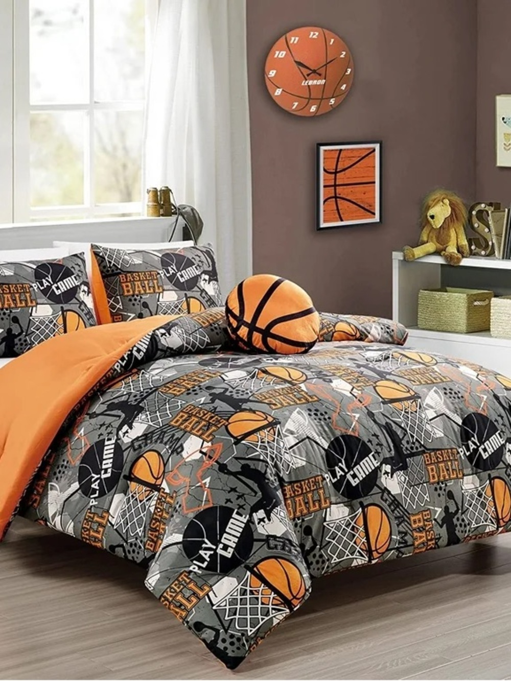 Basketball Print Comforter Set - Orange/Gray